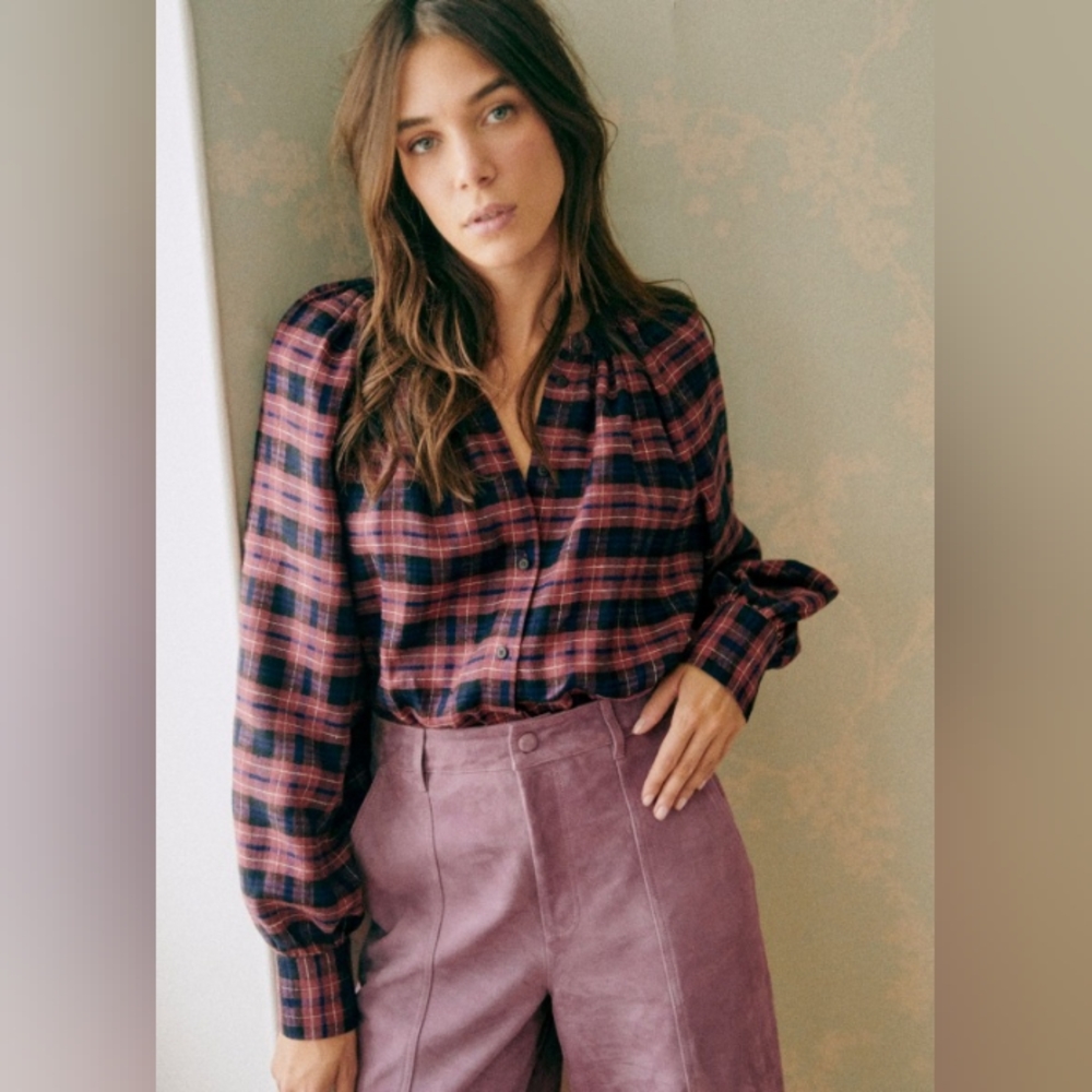 NWT Sezane Lealys 100% Linen Shirt Check Print Rose and Mauve FR Size 36/US S
